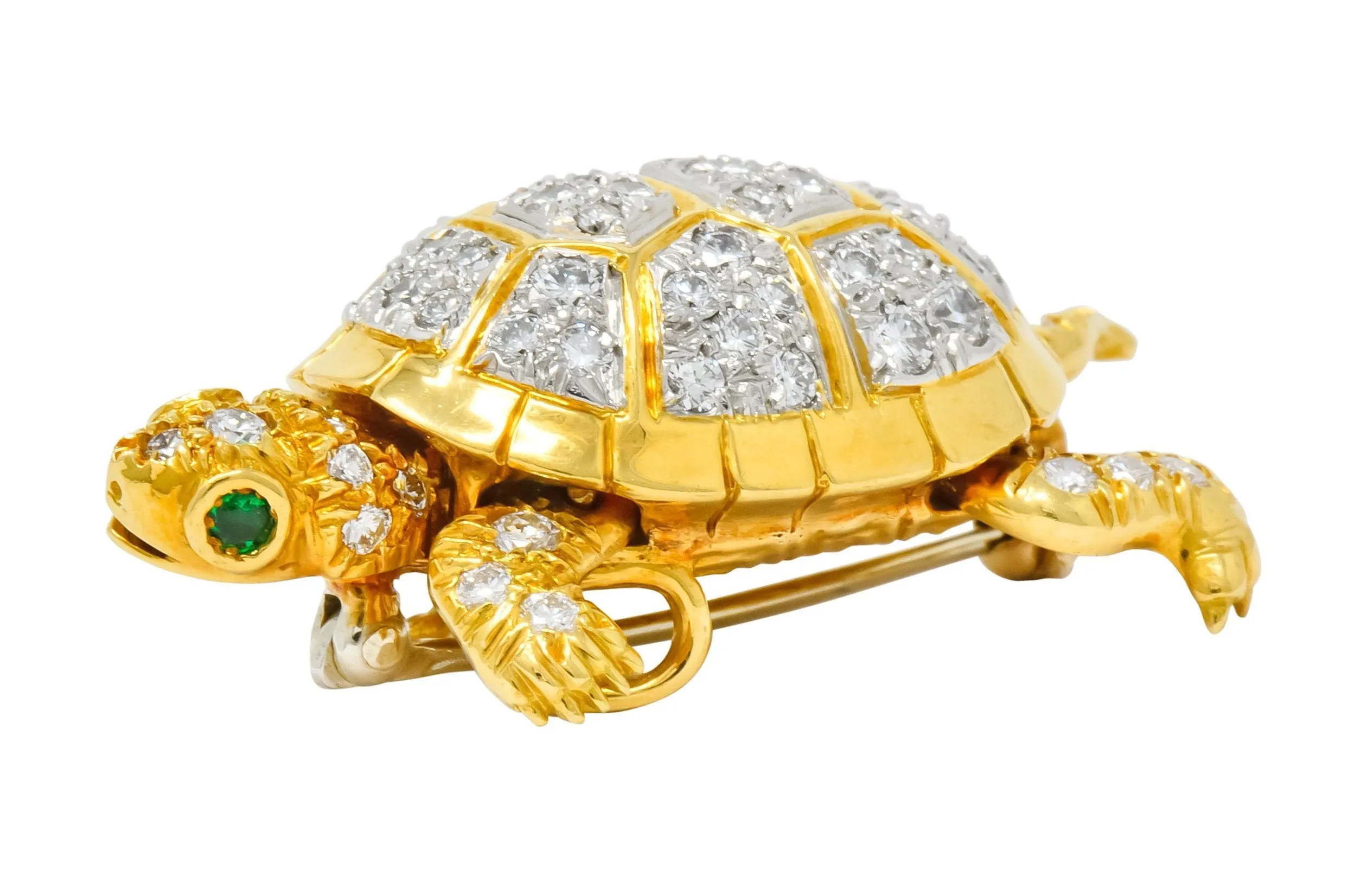 McTeigue Vintage 2.20 CTW Diamond Emerald Platinum-Topped 18 Karat Gold Turtle Pendant Brooch