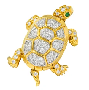 McTeigue Vintage 2.20 CTW Diamond Emerald Platinum-Topped 18 Karat Gold Turtle Pendant Brooch