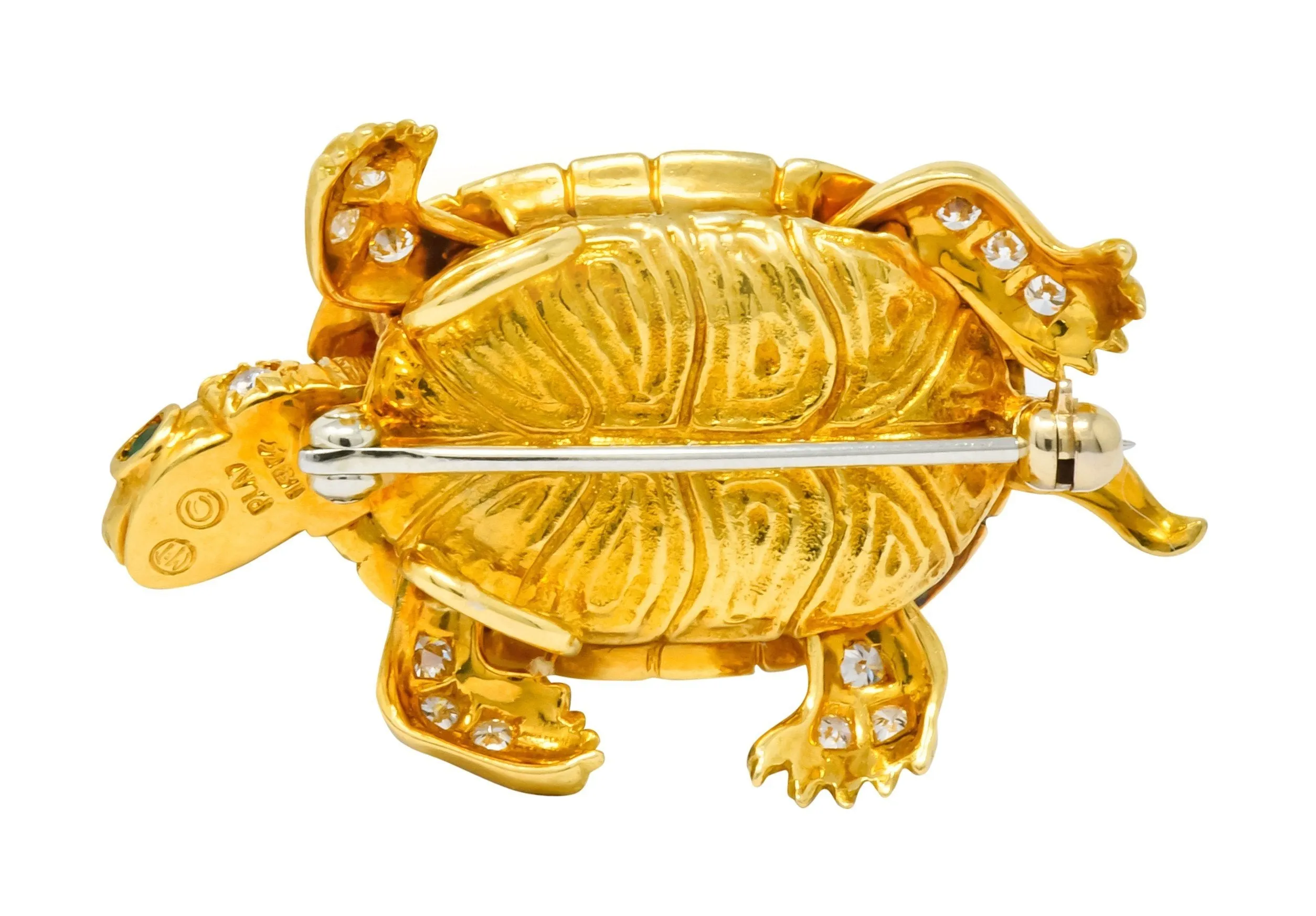McTeigue Vintage 2.20 CTW Diamond Emerald Platinum-Topped 18 Karat Gold Turtle Pendant Brooch