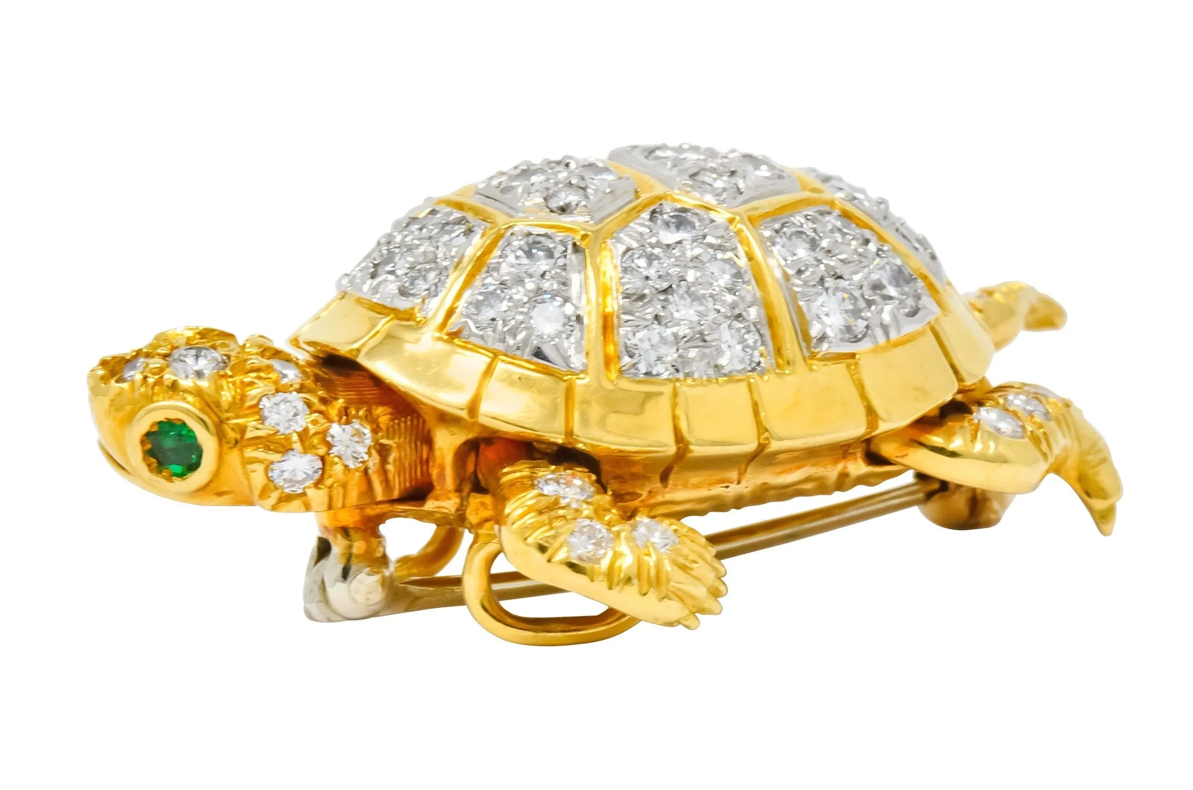 McTeigue Vintage 2.20 CTW Diamond Emerald Platinum-Topped 18 Karat Gold Turtle Pendant Brooch
