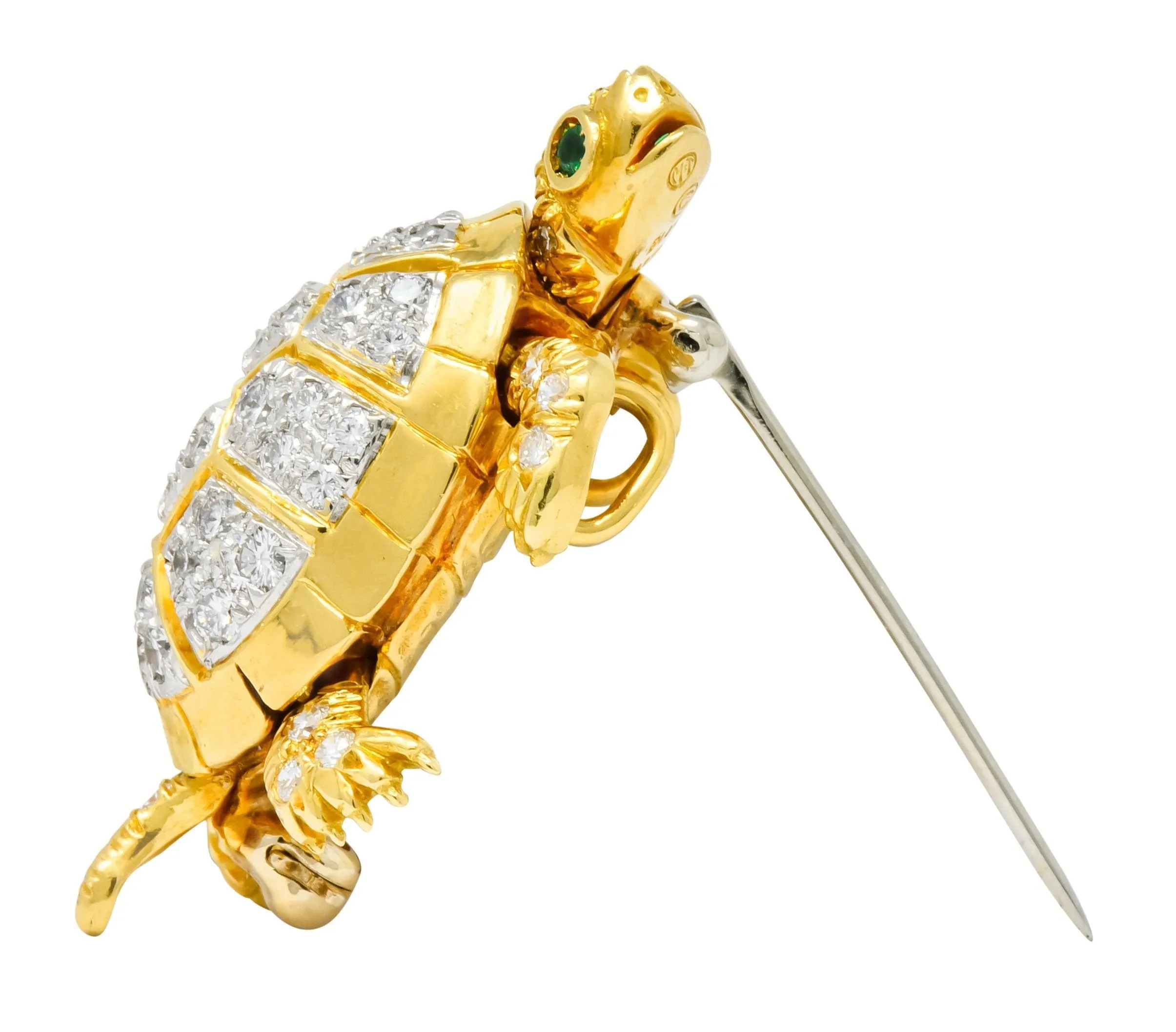 McTeigue Vintage 2.20 CTW Diamond Emerald Platinum-Topped 18 Karat Gold Turtle Pendant Brooch