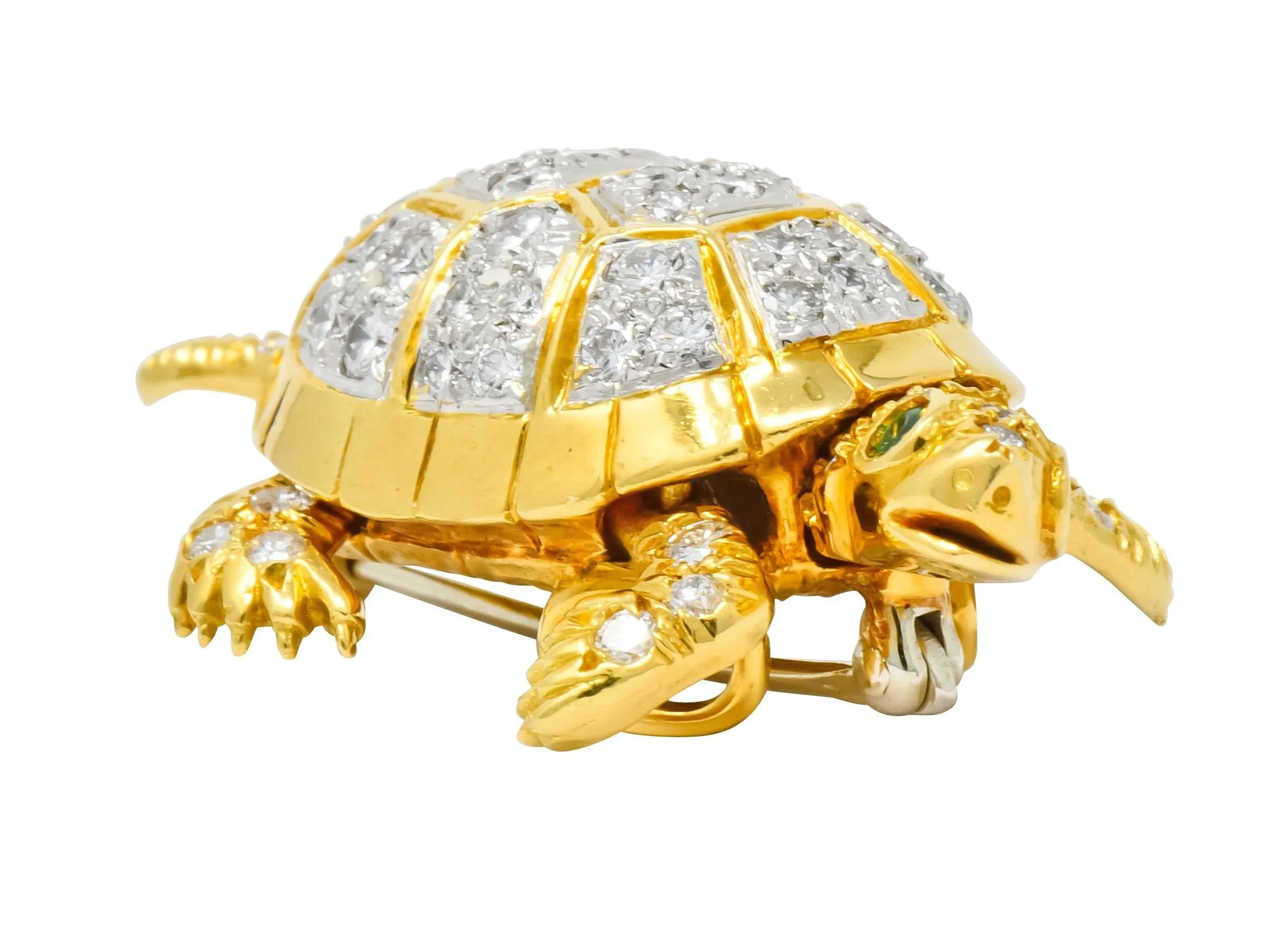 McTeigue Vintage 2.20 CTW Diamond Emerald Platinum-Topped 18 Karat Gold Turtle Pendant Brooch