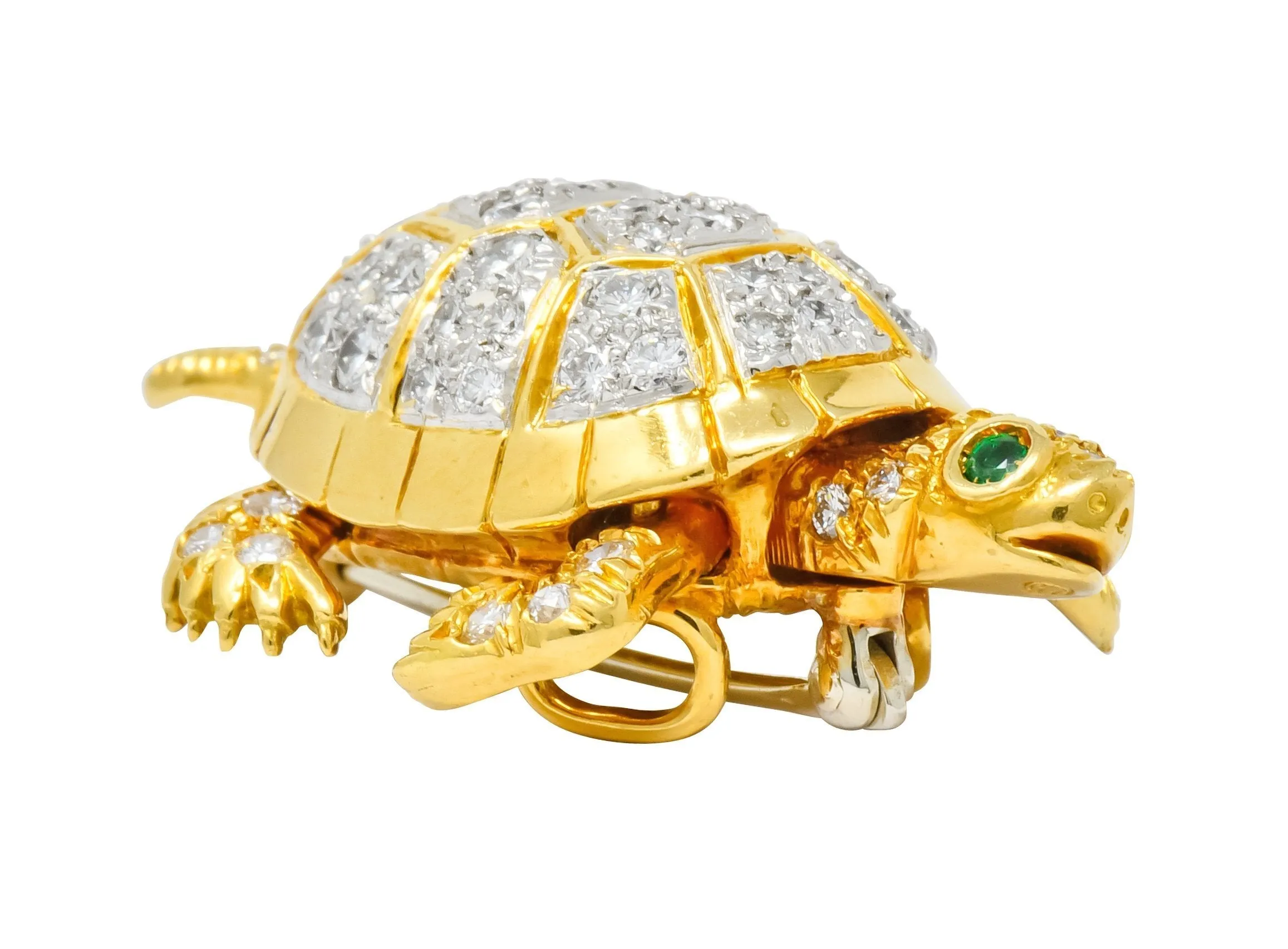 McTeigue Vintage 2.20 CTW Diamond Emerald Platinum-Topped 18 Karat Gold Turtle Pendant Brooch