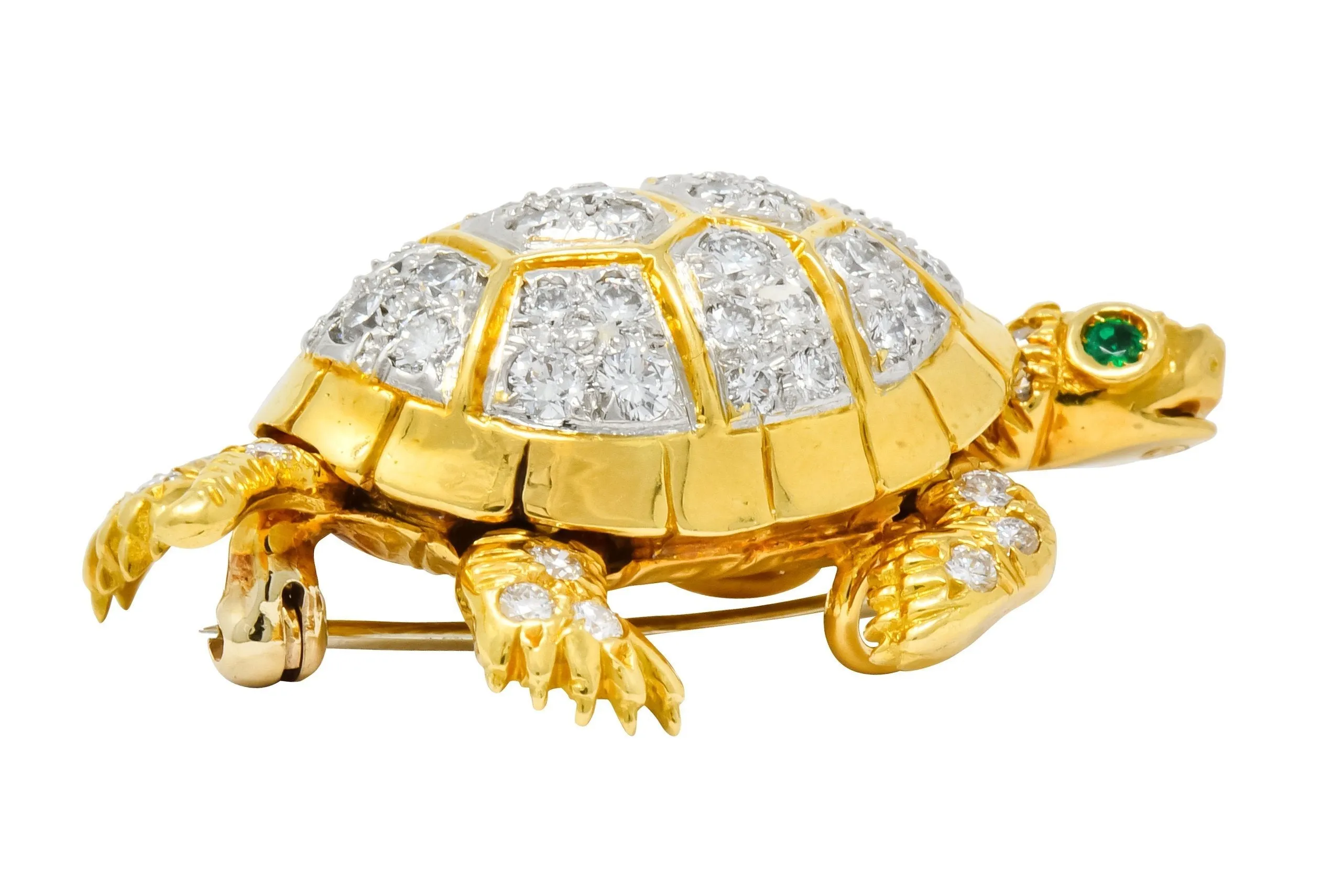 McTeigue Vintage 2.20 CTW Diamond Emerald Platinum-Topped 18 Karat Gold Turtle Pendant Brooch