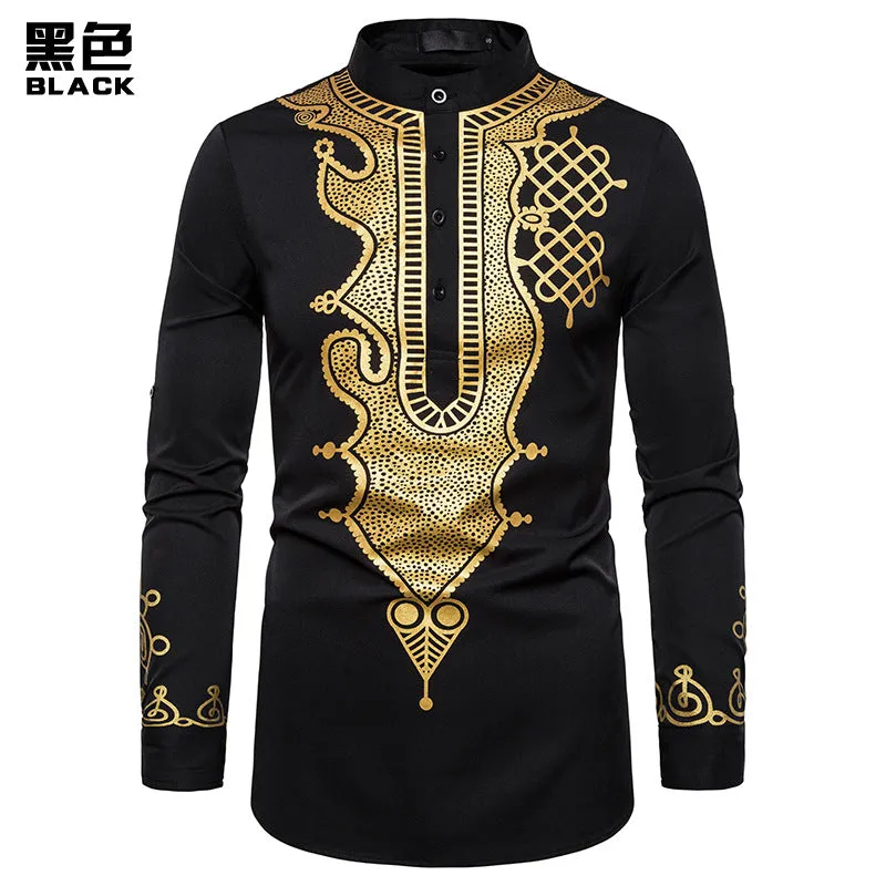Men Crewneck Buttons Oriental Prints Long Sleeves T-Shirt