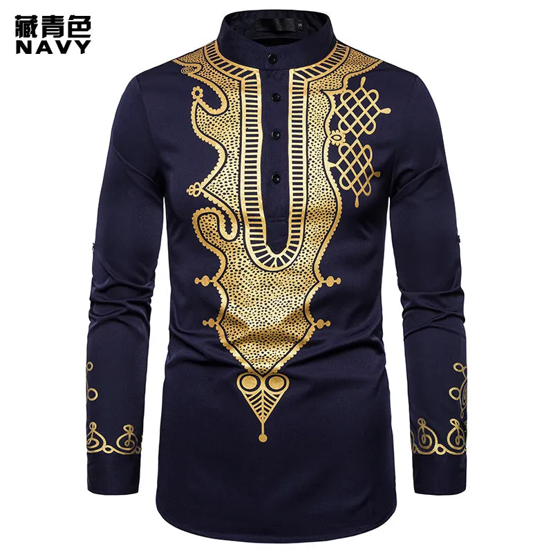 Men Crewneck Buttons Oriental Prints Long Sleeves T-Shirt
