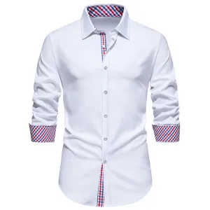 Men Turnover Collar Bicolor Lattice Long Sleeves Shirt