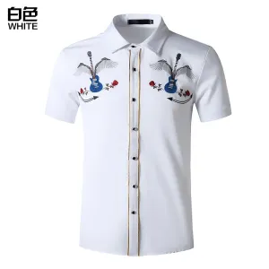 Men Turnover Collar Embroidery Wings Cowboy Short Sleeves Shirt