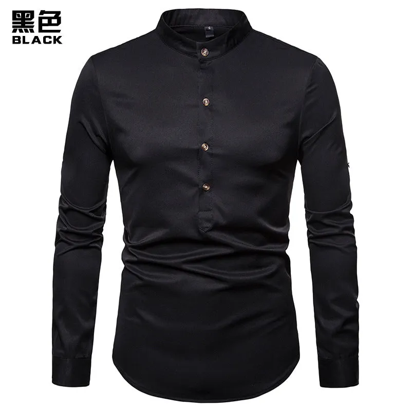 Men Turtleneck Buttons Long Sleeves T-Shirt