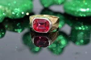 Men's 18K Two Tone Engraved Ring with Synthetic Ruby