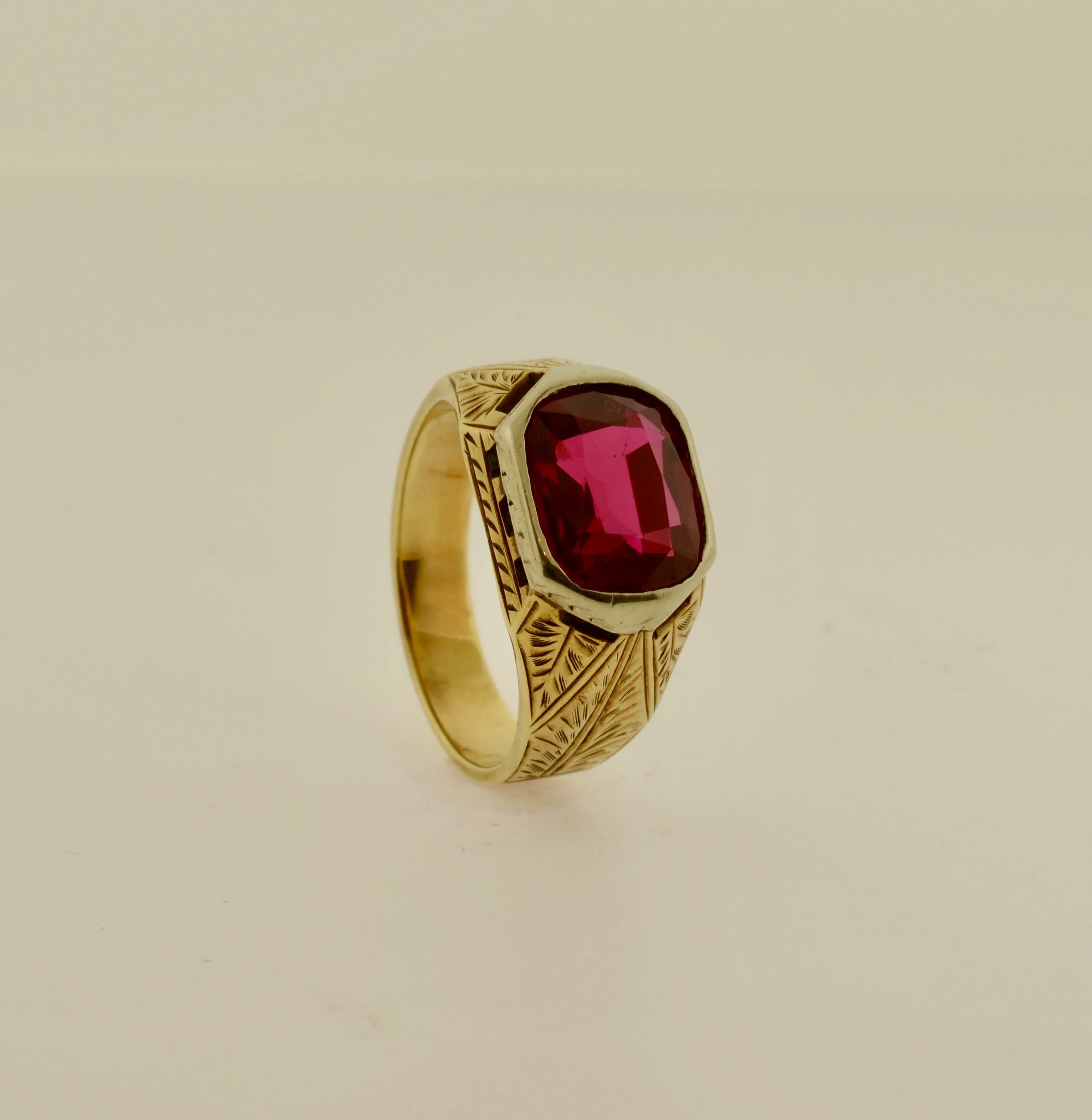 Men's 18K Two Tone Engraved Ring with Synthetic Ruby