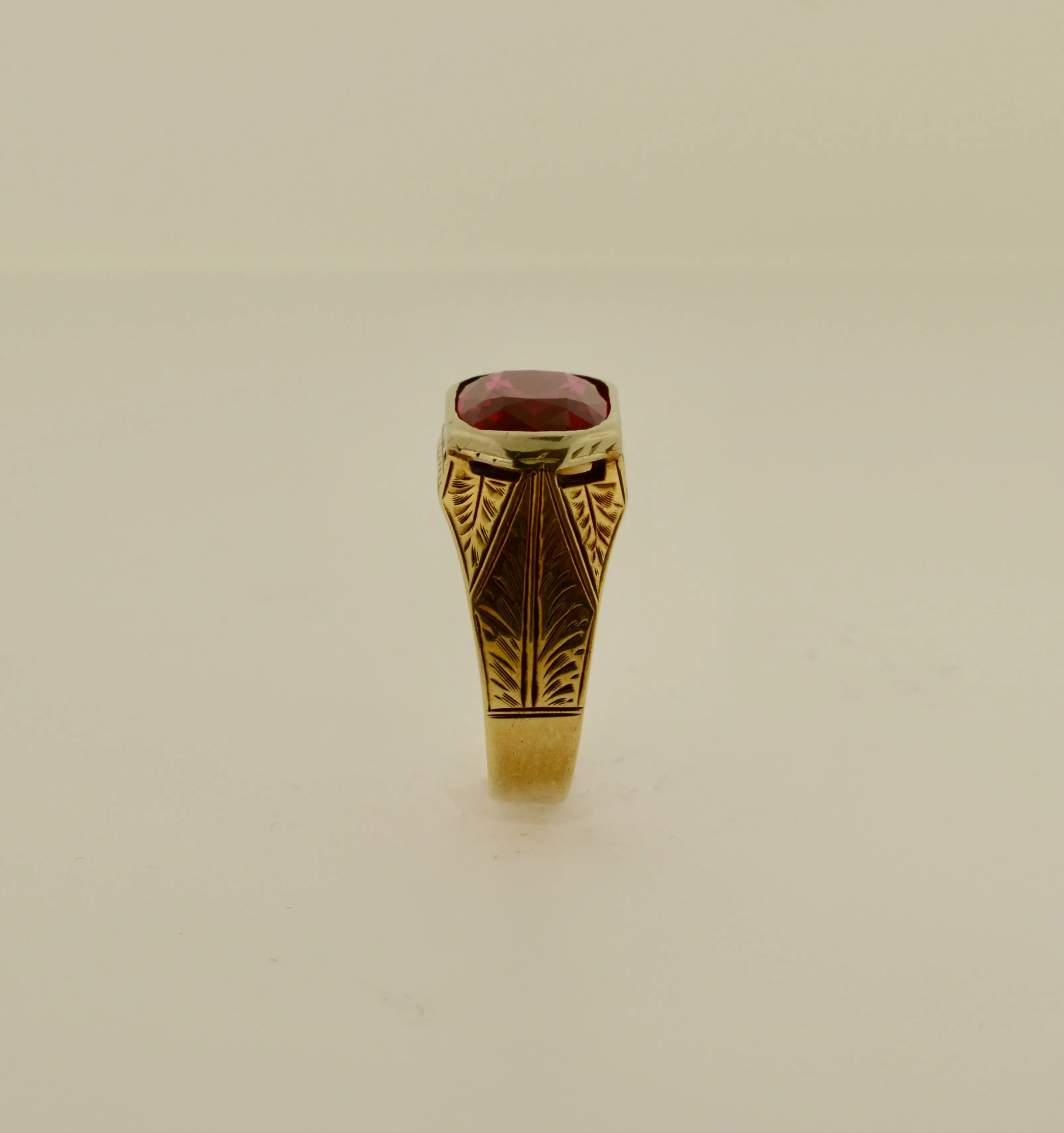 Men's 18K Two Tone Engraved Ring with Synthetic Ruby
