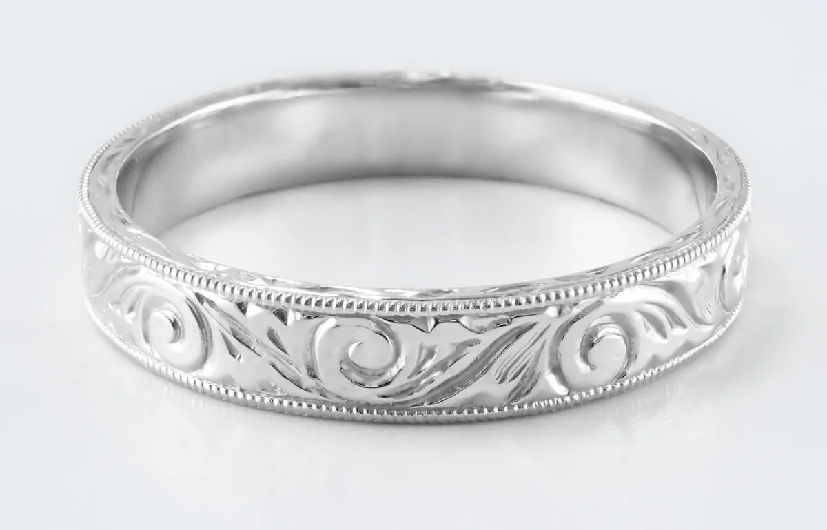 Men's Art Deco Scrolls Vintage Engraved Wedding Band in 10, 14 or 18 Karat White Gold - 4mm Wide
