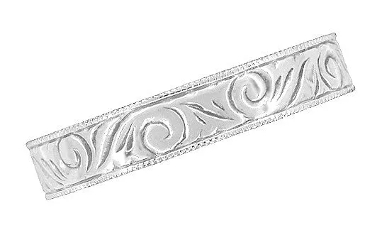 Men's Art Deco Scrolls Vintage Engraved Wedding Band in 10, 14 or 18 Karat White Gold - 4mm Wide