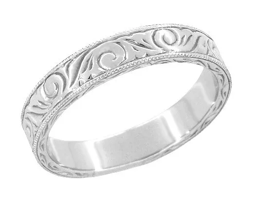 Men's Art Deco Scrolls Vintage Engraved Wedding Band in 10, 14 or 18 Karat White Gold - 4mm Wide