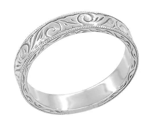Men's Art Deco Scrolls Vintage Engraved Wedding Band in 10, 14 or 18 Karat White Gold - 4mm Wide