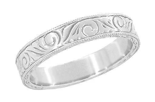 Men's Art Deco Scrolls Vintage Engraved Wedding Band in 10, 14 or 18 Karat White Gold - 4mm Wide