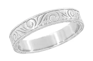 Men's Art Deco Scrolls Vintage Engraved Wedding Band in 10, 14 or 18 Karat White Gold - 4mm Wide