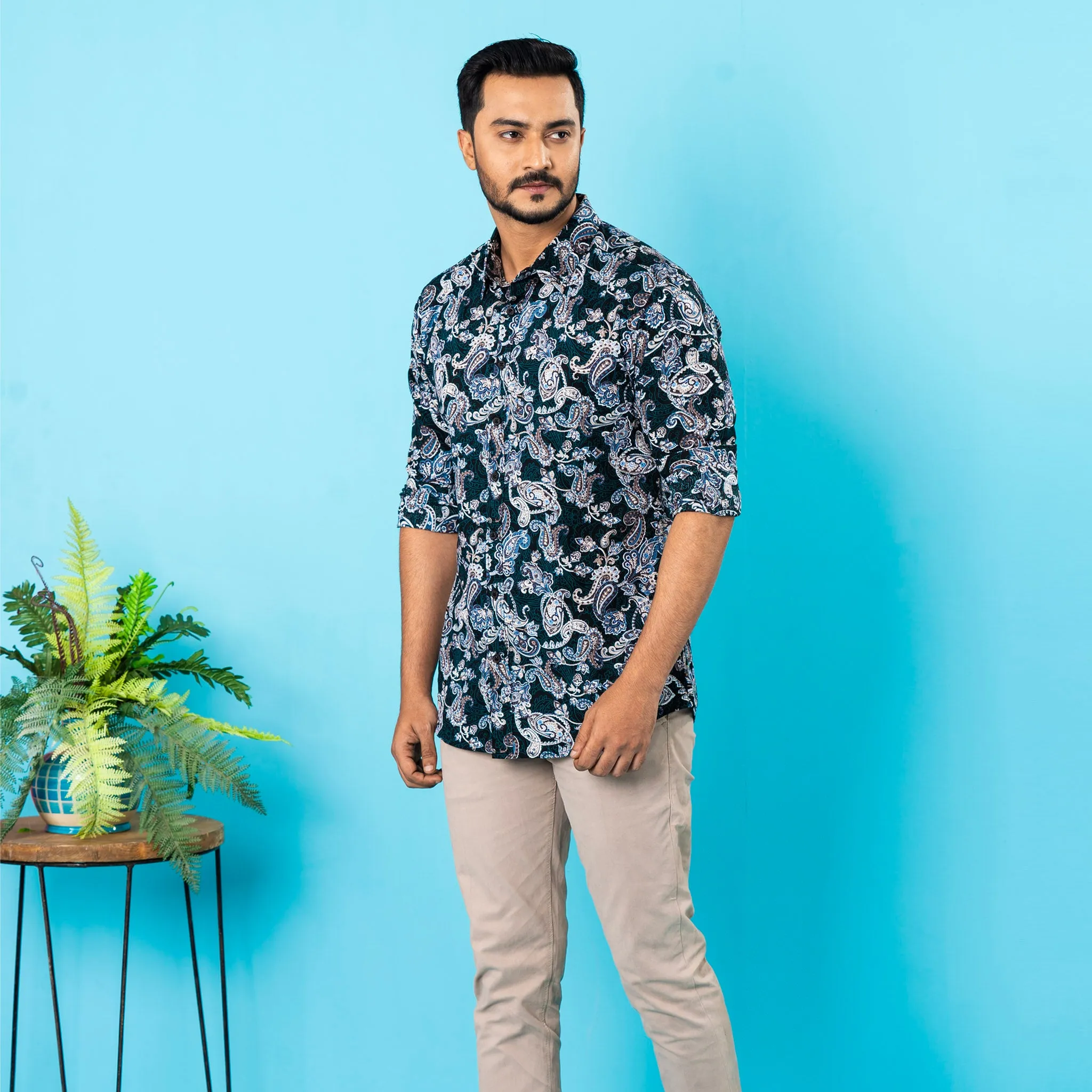 Mens Black-Green Casual Shirt