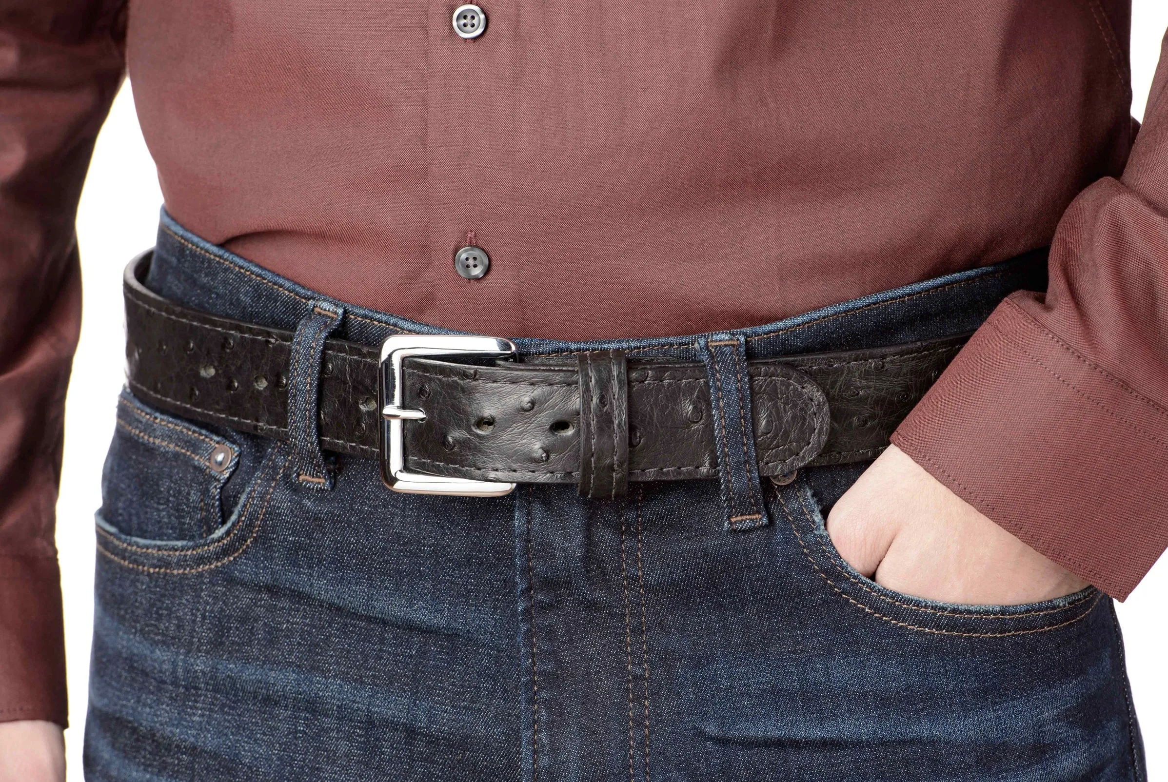 Men's Black South African Ostrich Skin Leather Belt