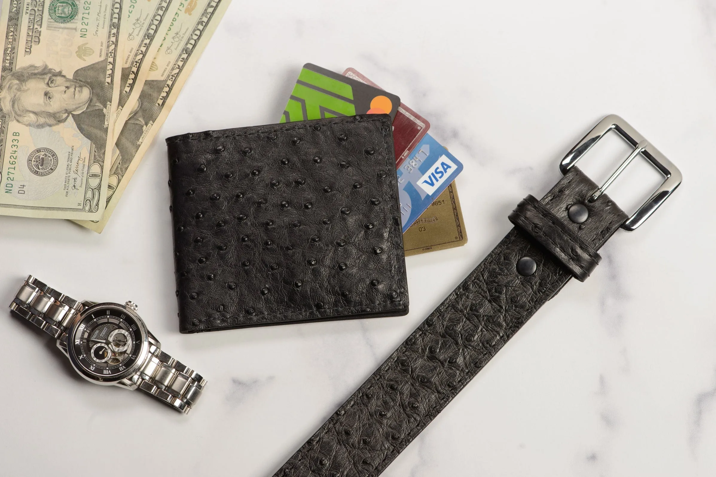 Men's Black South African Ostrich Skin Leather Belt