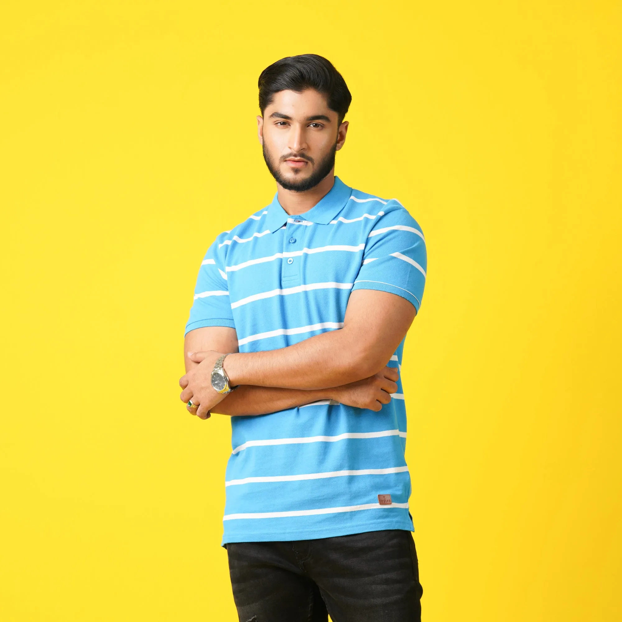 Mens Blue Striped Polo