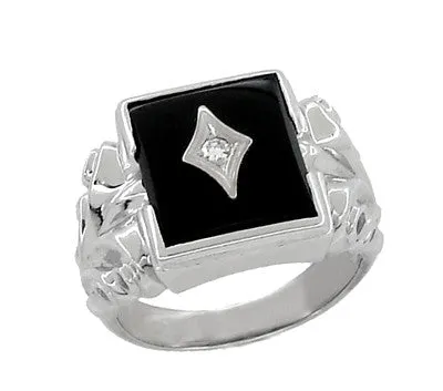 Men's Corinthian Scrolls Onyx and Diamond Antique Ring in 10 Karat Gold