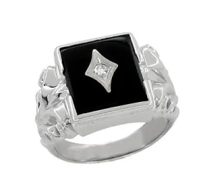 Men's Corinthian Scrolls Onyx and Diamond Antique Ring in 10 Karat Gold