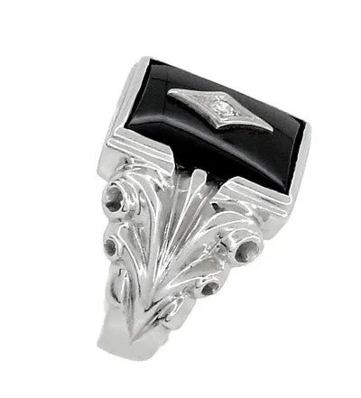 Men's Corinthian Scrolls Onyx and Diamond Antique Ring in 10 Karat Gold