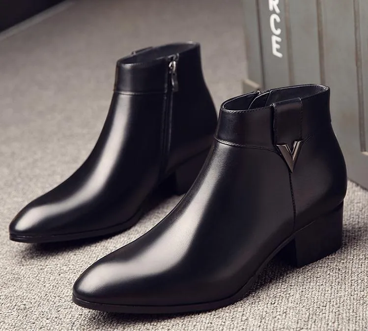 Mens cow leather ankle boots high heels wedding dress shoes