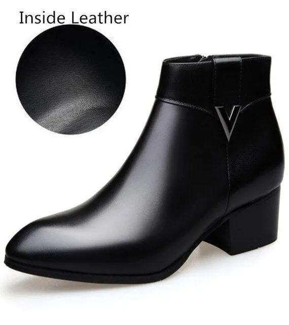 Mens cow leather ankle boots high heels wedding dress shoes