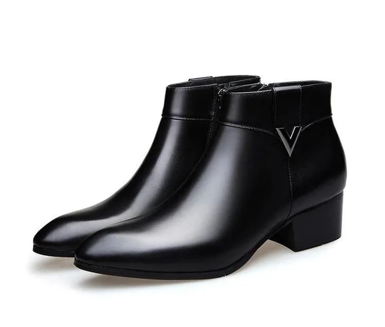 Mens cow leather ankle boots high heels wedding dress shoes