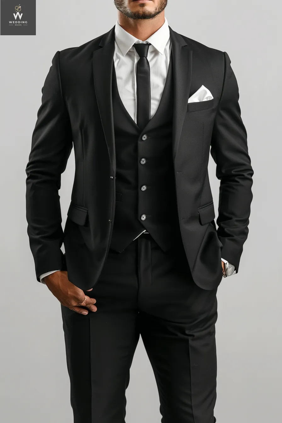 Men's Custom Black Three-Piece Suit - Bespoke Wedding Attire, Stylish Tailored Suits for Men