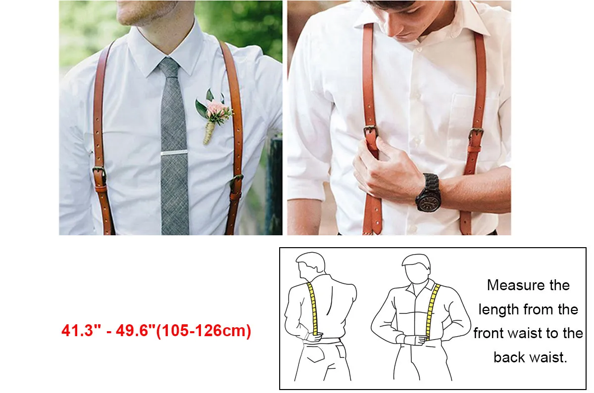Mens Leather Suspenders Y Back Design Adjustable Suspender with 4 Metal Clips Leather Braces Groomsmen Gift