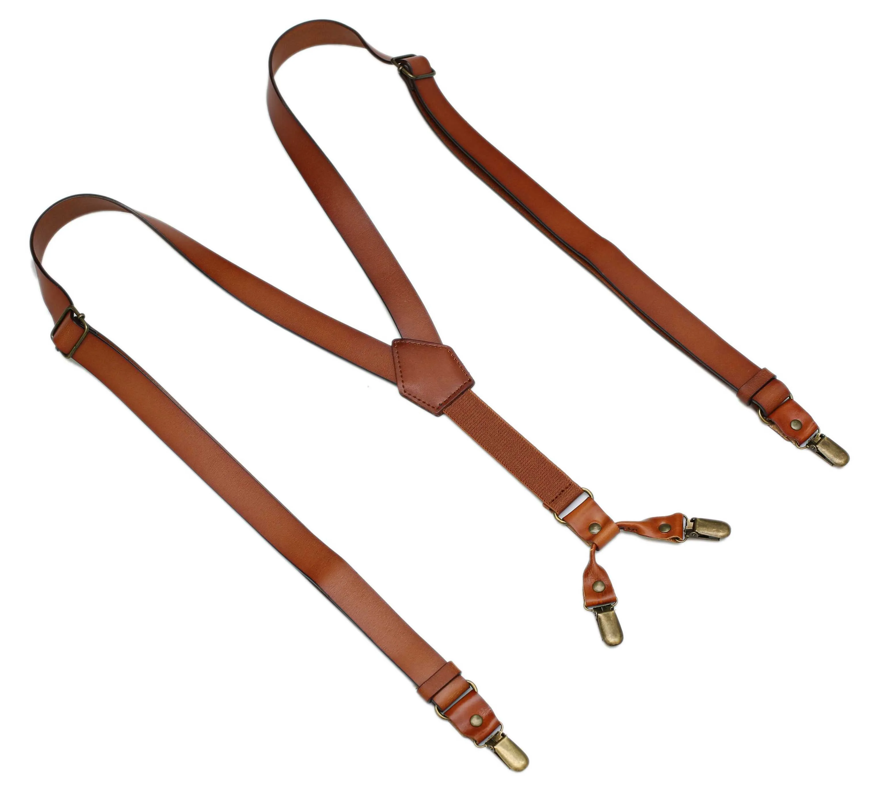 Mens Leather Suspenders Y Back Design Adjustable Suspender with 4 Metal Clips Leather Braces Groomsmen Gift