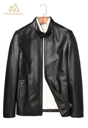 Men's Slim Fit Leather Jacket : The Mandarin Collar