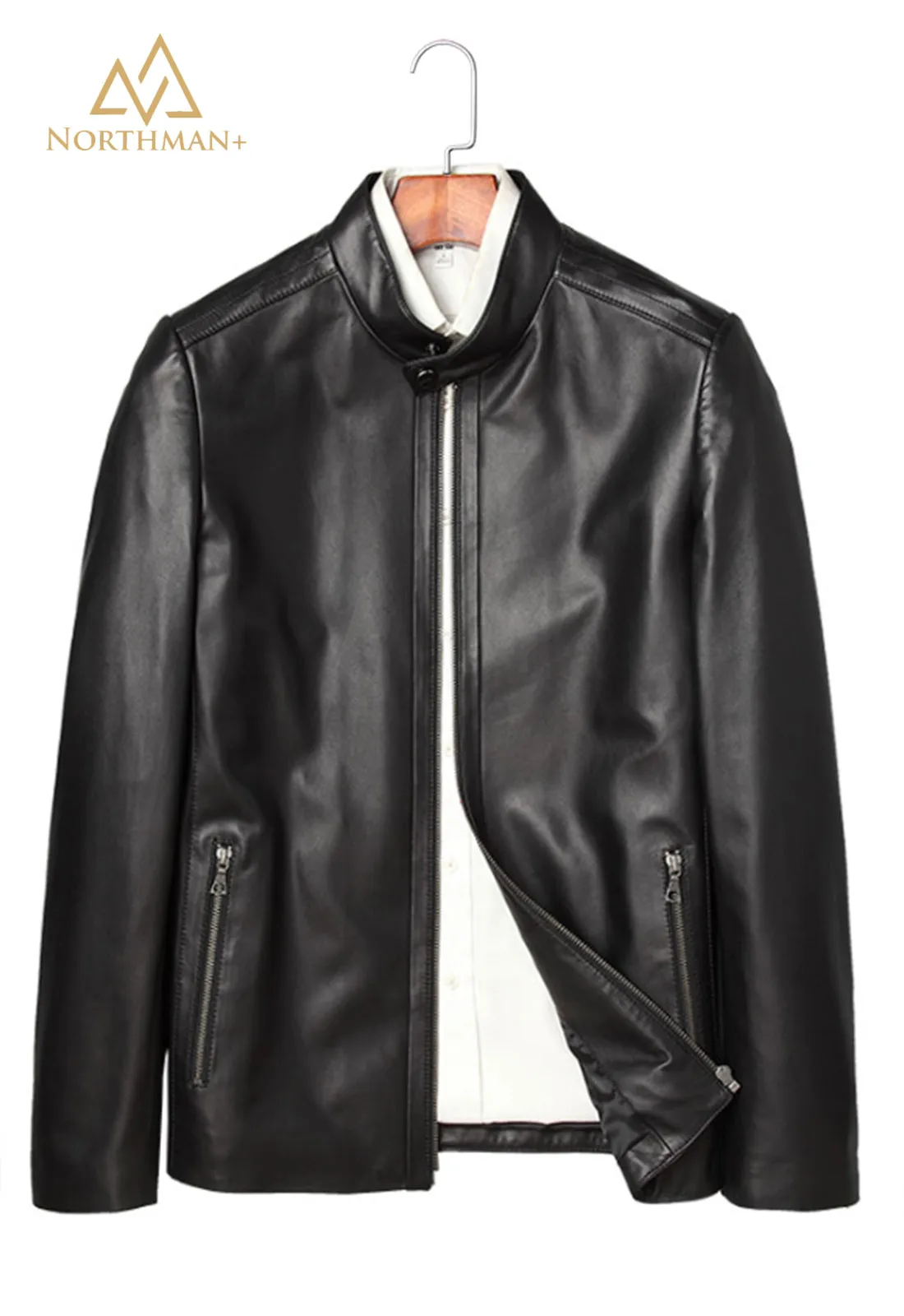 Men's Slim Fit Leather Jacket : The Mandarin Collar