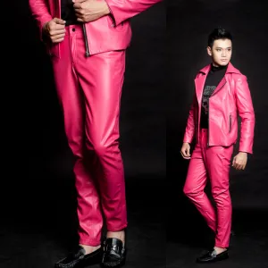 Men's Slim Fit Modern Pink Leather Pants MP31