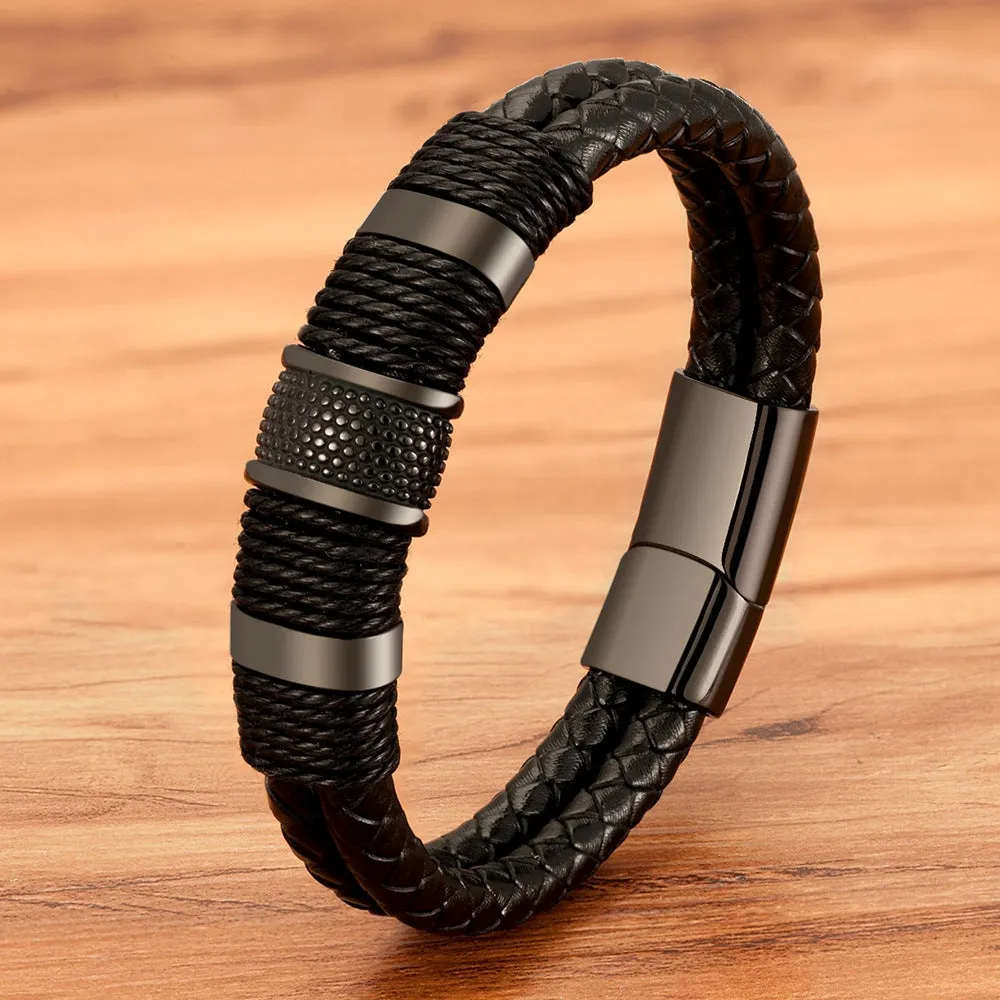 Men’s Vintage Braided Leather Bracelet – Classic Woven Rope Wrap Wristband with Magnetic Buckle – Punk Style Jewelry for Men