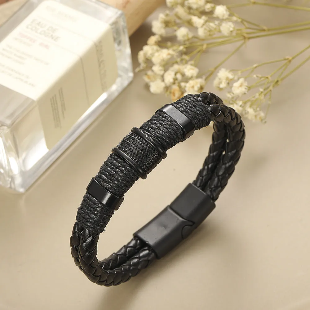 Men’s Vintage Braided Leather Bracelet – Classic Woven Rope Wrap Wristband with Magnetic Buckle – Punk Style Jewelry for Men