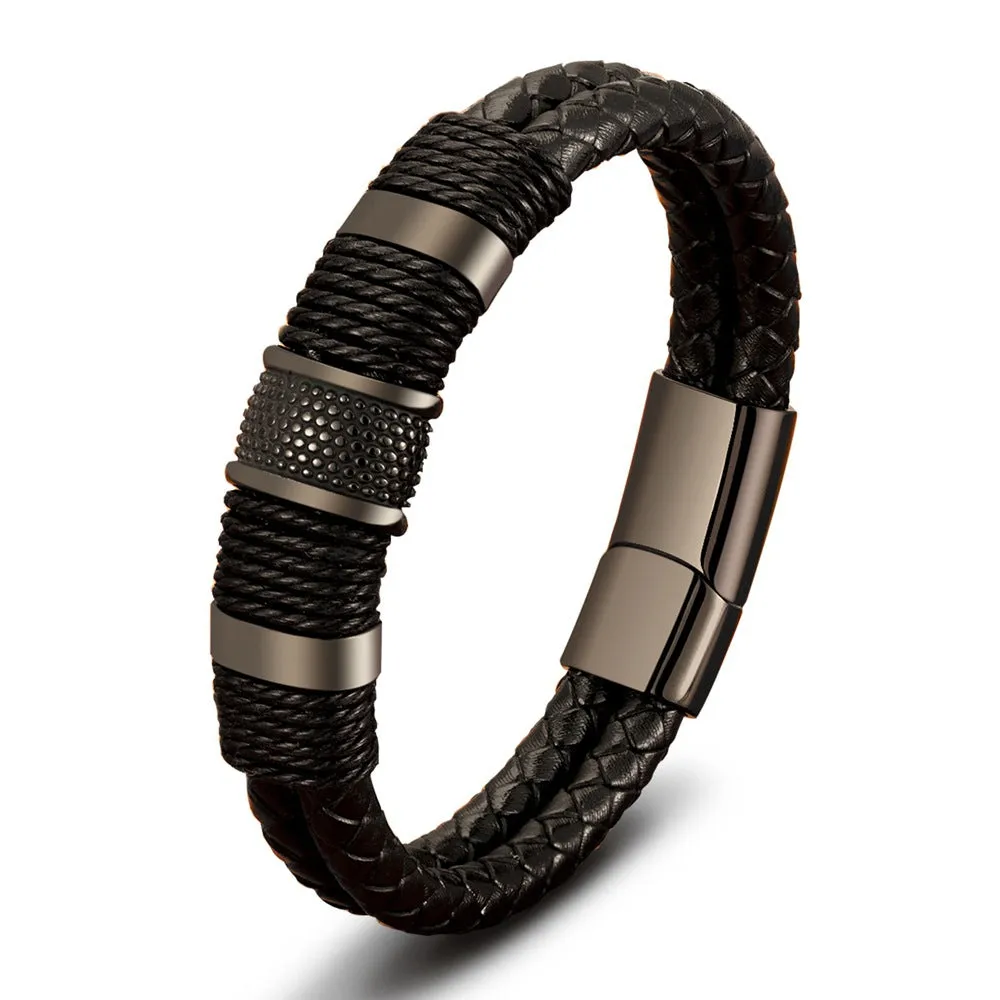 Men’s Vintage Braided Leather Bracelet – Classic Woven Rope Wrap Wristband with Magnetic Buckle – Punk Style Jewelry for Men