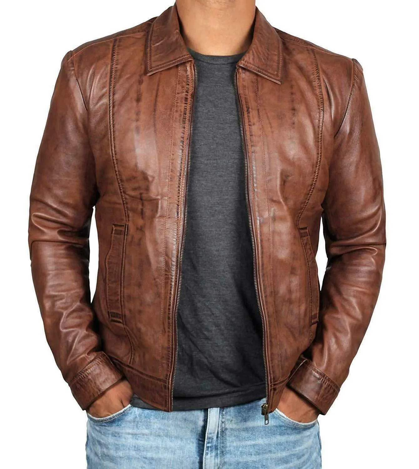 Men's Vintage Brown Leather Jacket MG03