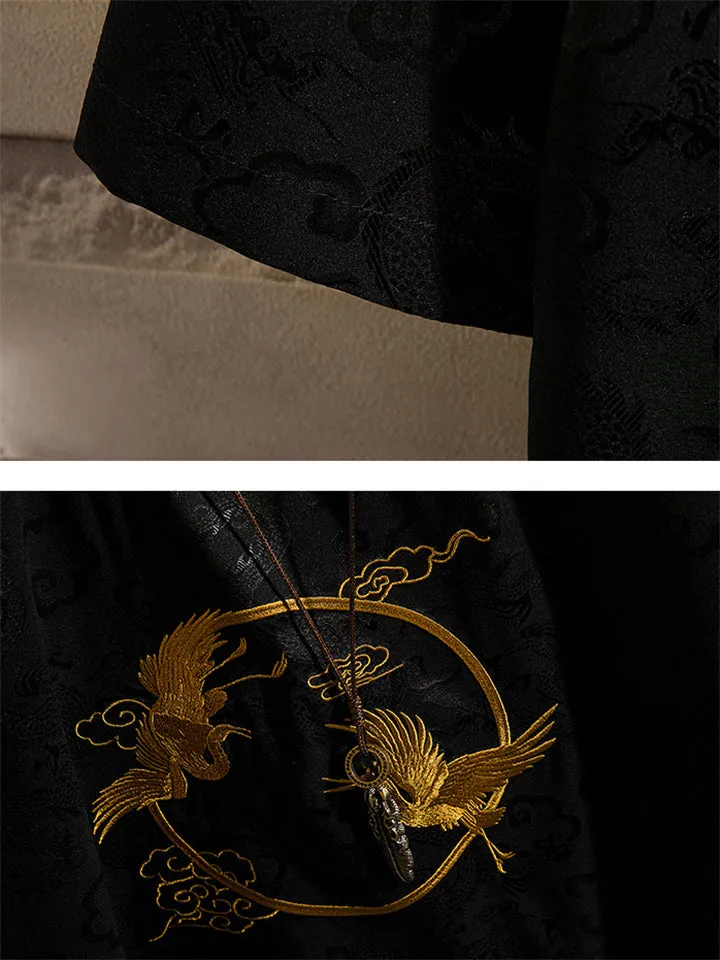 Men's Vintage Golden Crane Embroidery Summer Short Sleeve Shirt