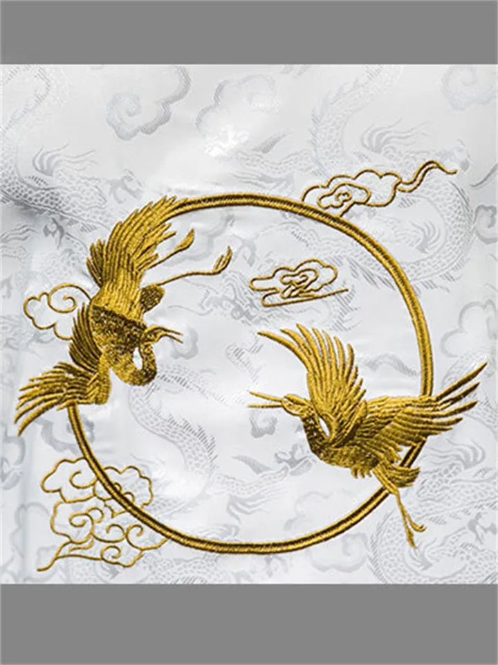 Men's Vintage Golden Crane Embroidery Summer Short Sleeve Shirt