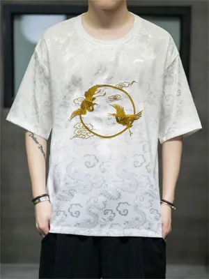 Men's Vintage Golden Crane Embroidery Summer Short Sleeve Shirt