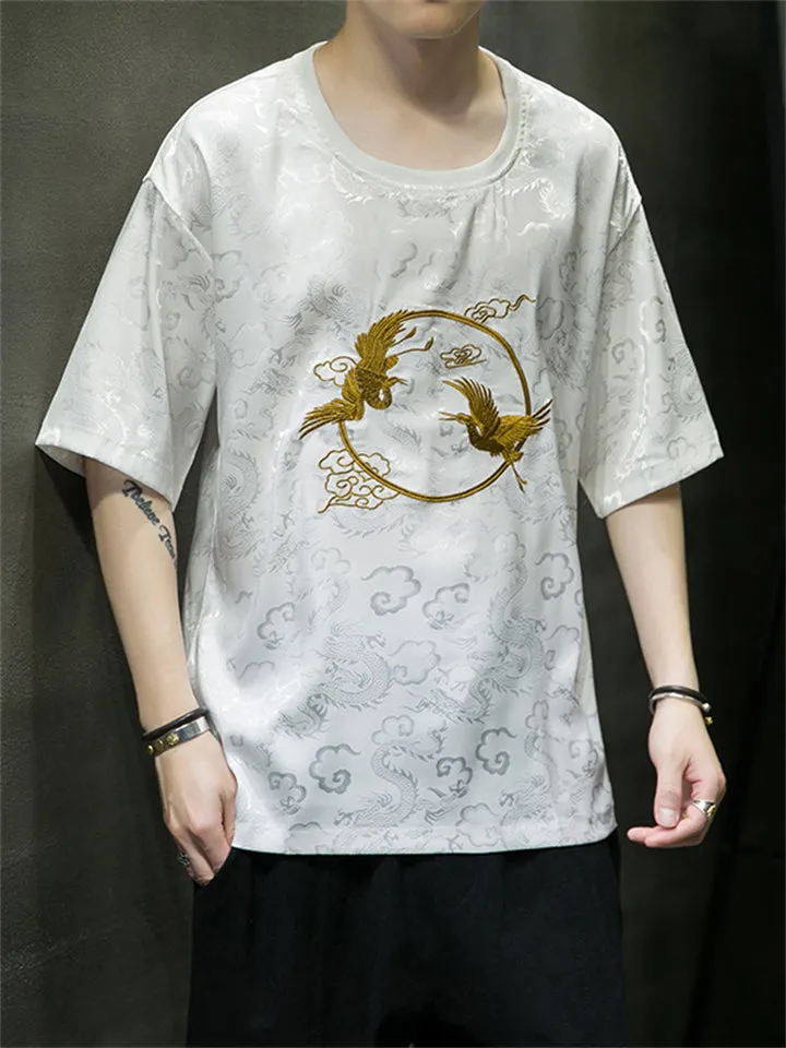 Men's Vintage Golden Crane Embroidery Summer Short Sleeve Shirt