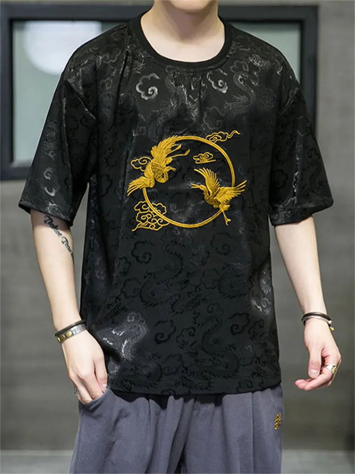 Men's Vintage Golden Crane Embroidery Summer Short Sleeve Shirt