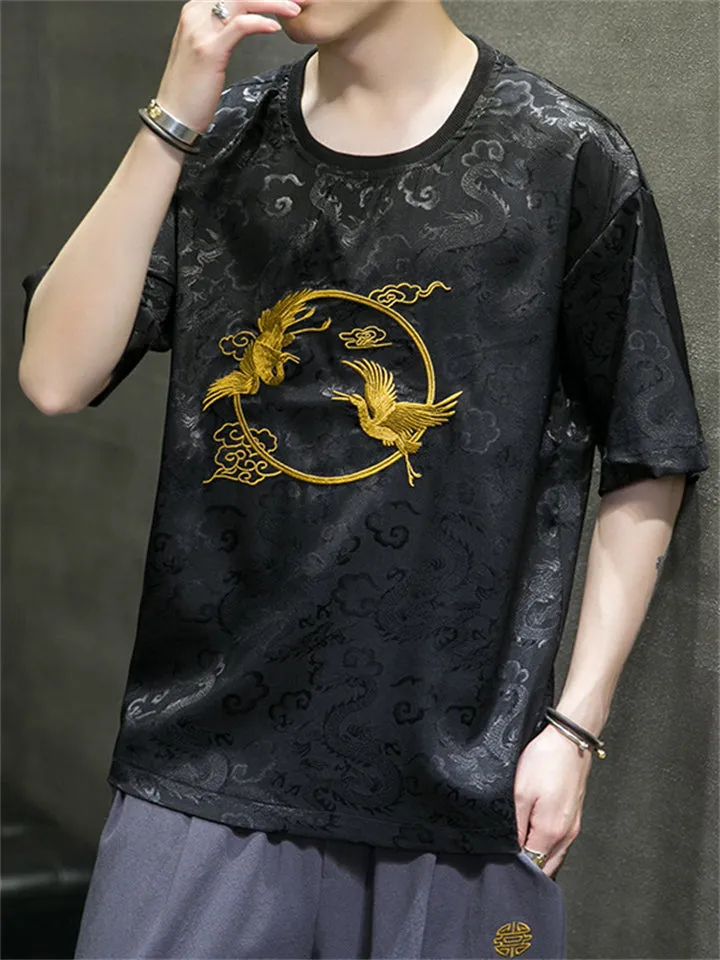 Men's Vintage Golden Crane Embroidery Summer Short Sleeve Shirt