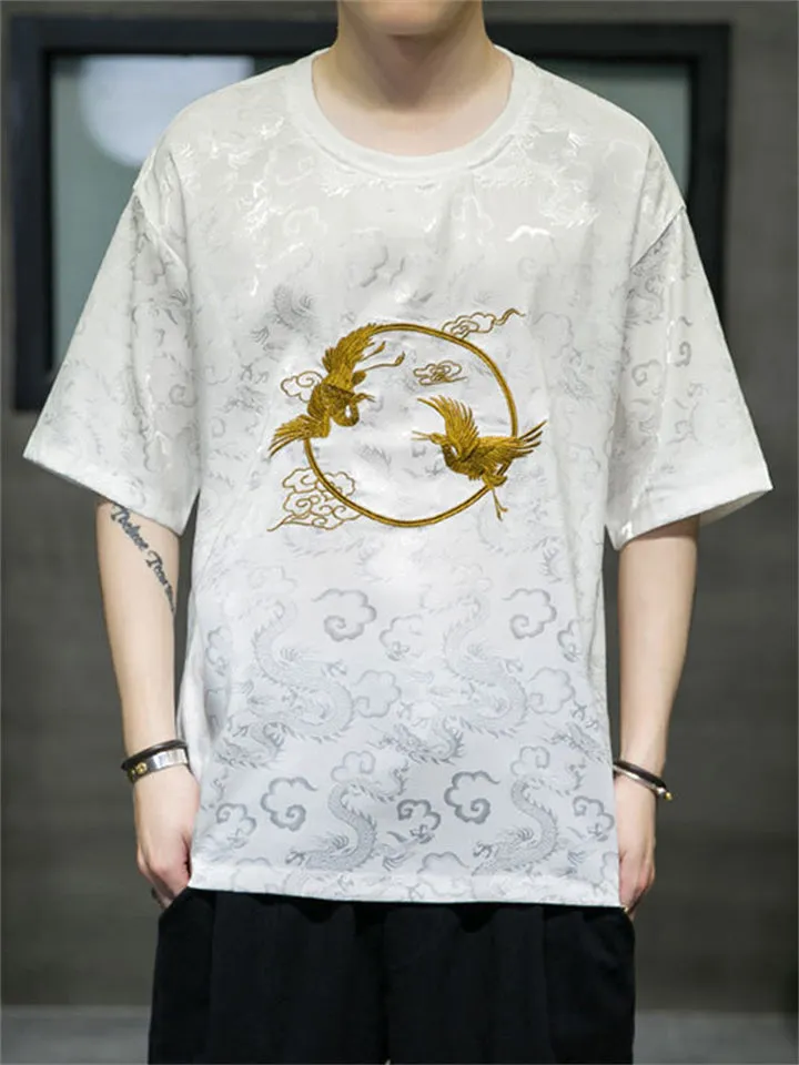 Men's Vintage Golden Crane Embroidery Summer Short Sleeve Shirt