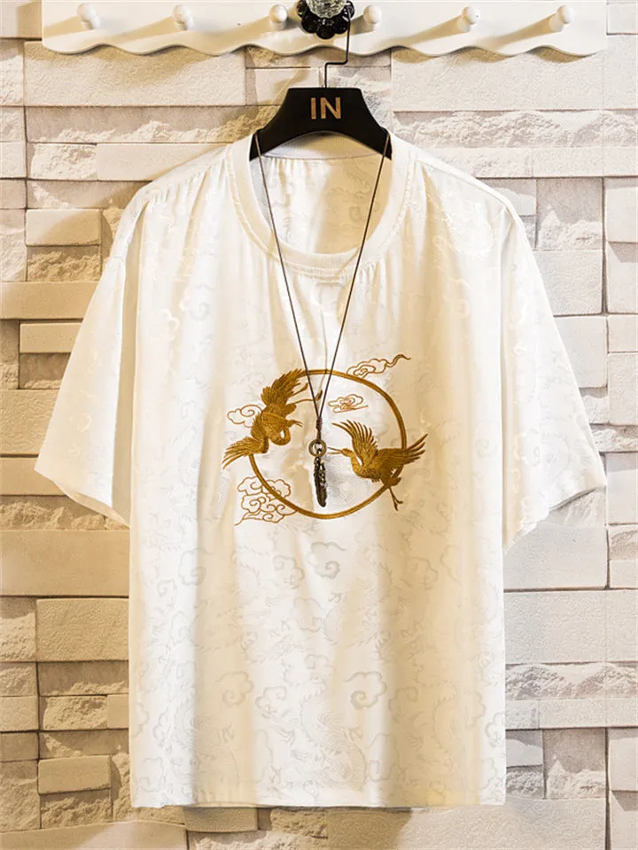 Men's Vintage Golden Crane Embroidery Summer Short Sleeve Shirt